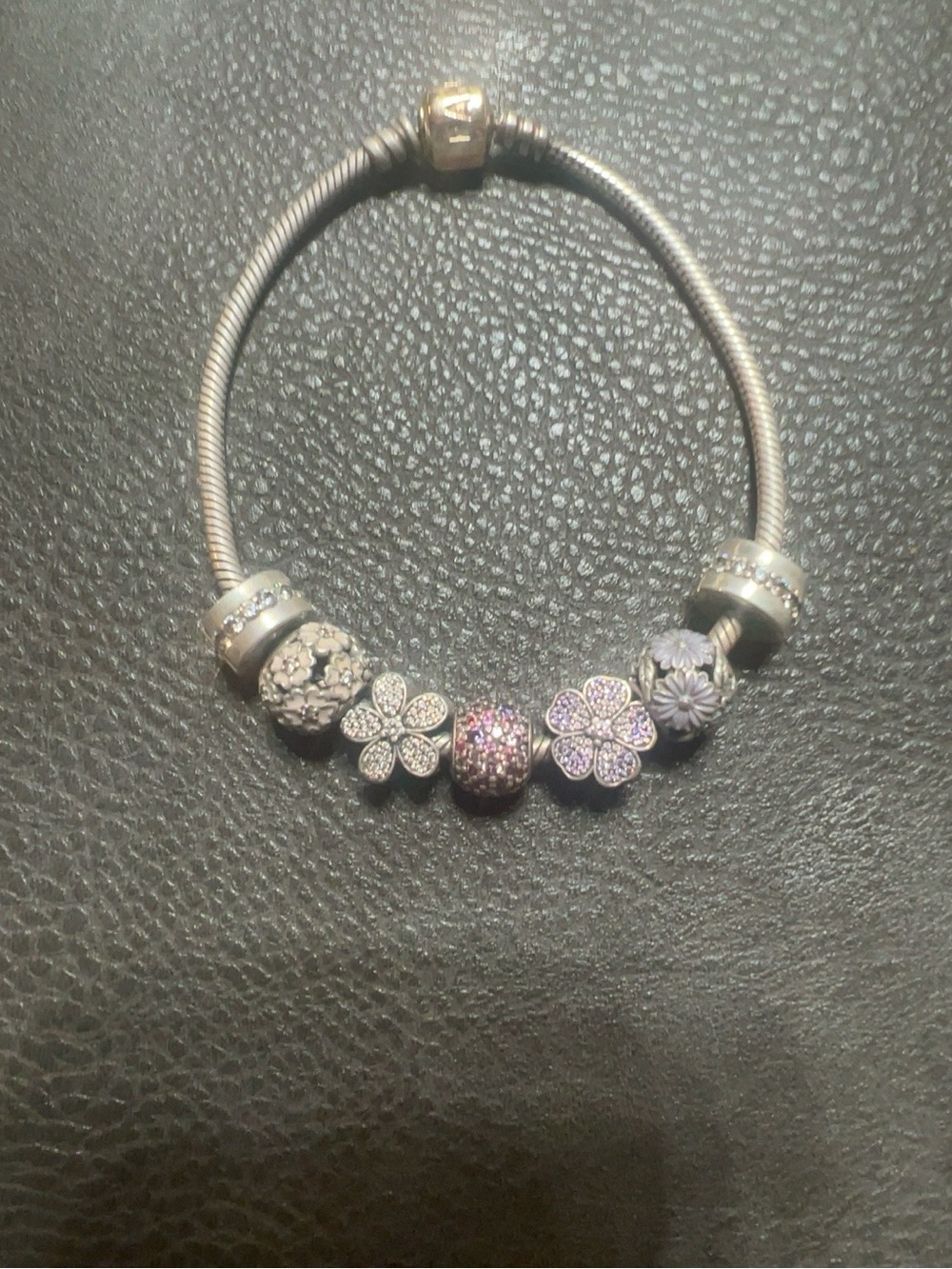 Pandora Silver Bracelet with Purple and Pink Flower Charms